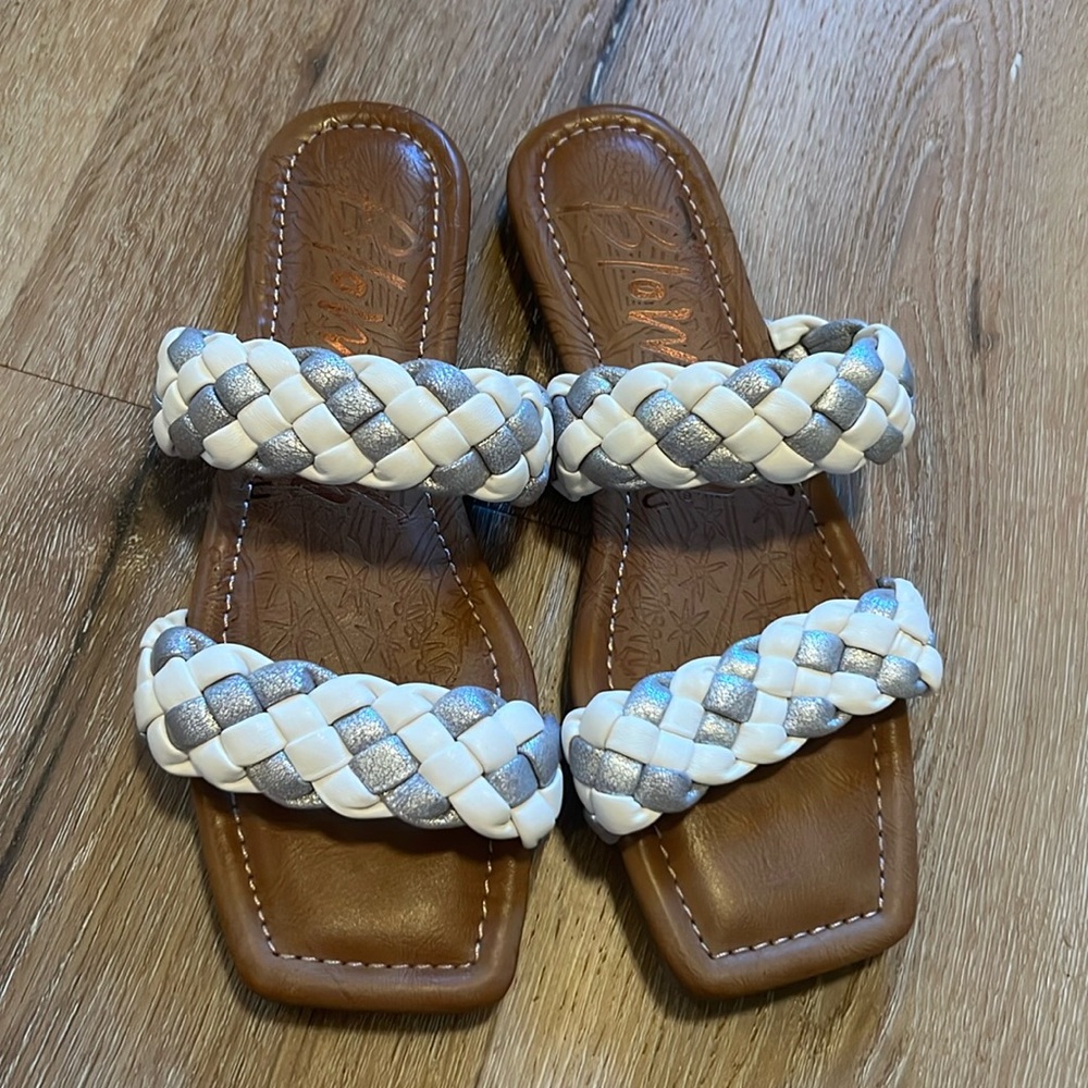 Blowfish Womens White & Silver Braided Strap Faux Leather Sandals Shoe Size 8